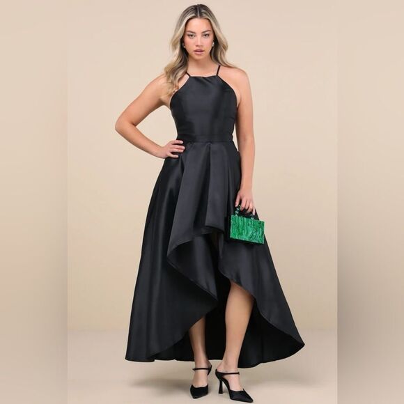 Lulus Broadway Show Black High-Low Taffeta Gown Dress w/ Pockets Size XL NEW - Picture 1 of 16